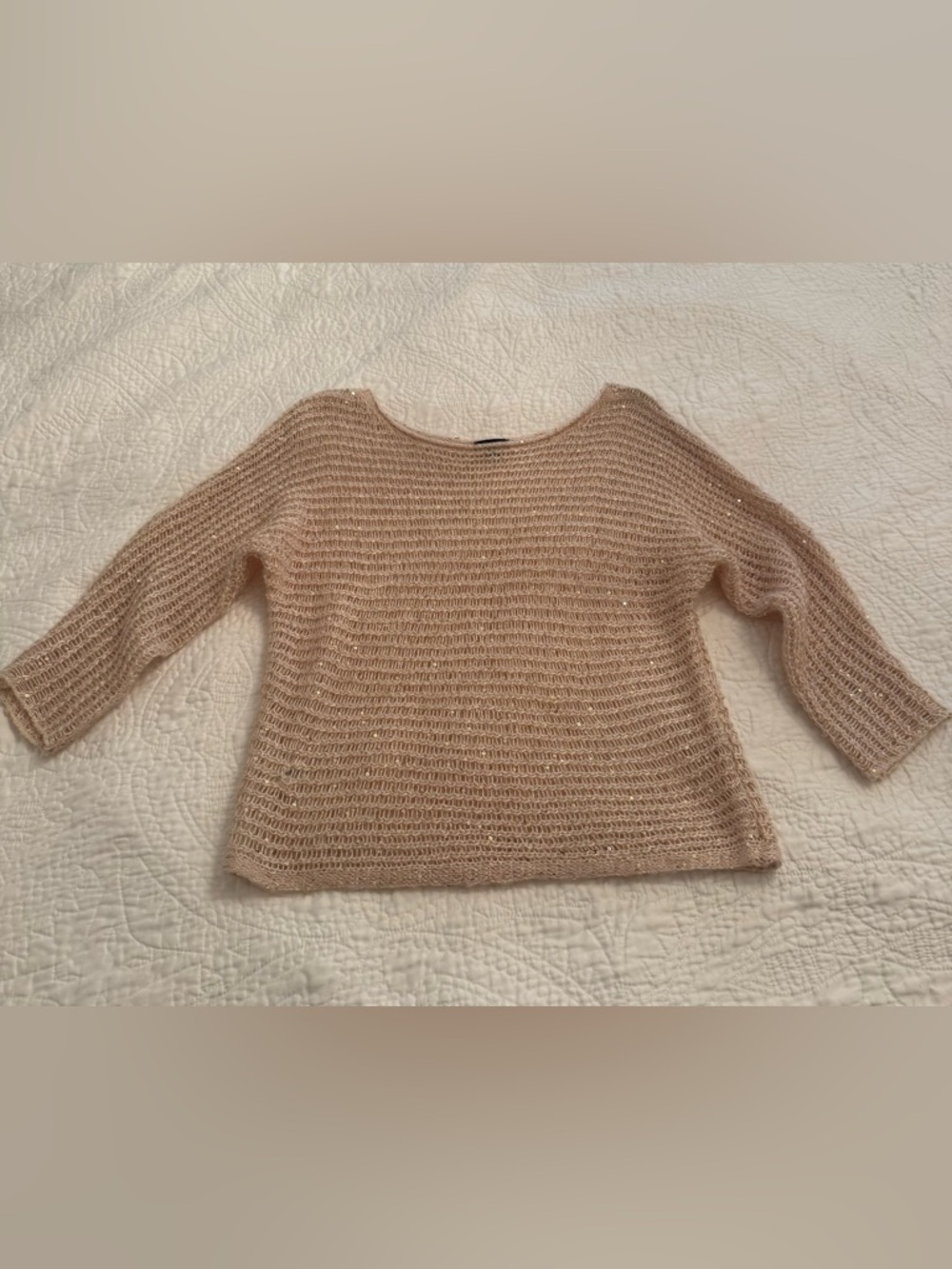 Ann Taylor Open-Knit Sweater in Peachy Beige with Shimmery Gold Accents Size S